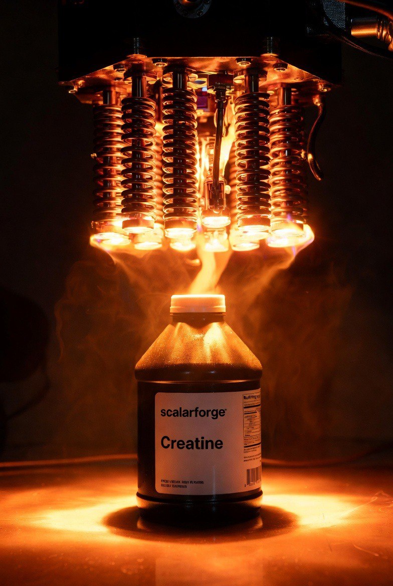 Scalar Forge Creatine being infused under the scalar imprinting device — coils glowing with high-voltage scalar energy